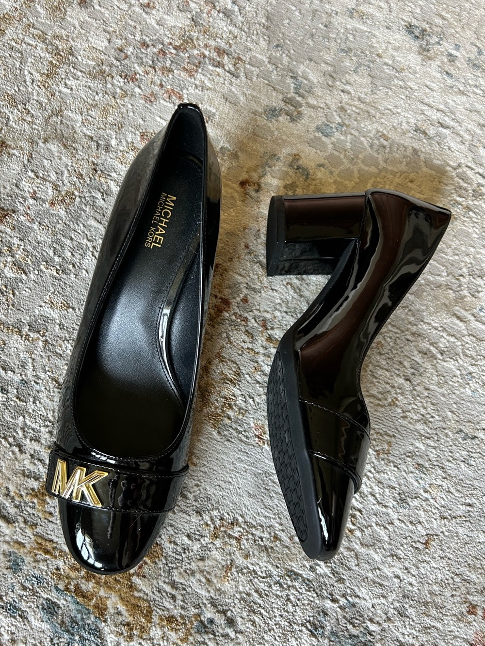 Michael Kors Black Patent Leather Block Heel Pumps with Gold MK Accent | NWOT